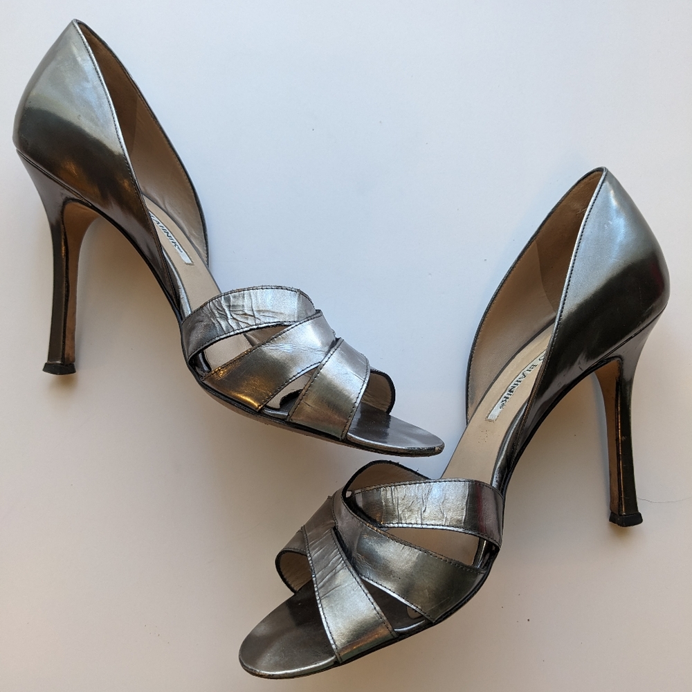 Manolo Blahnik silver open toe heels